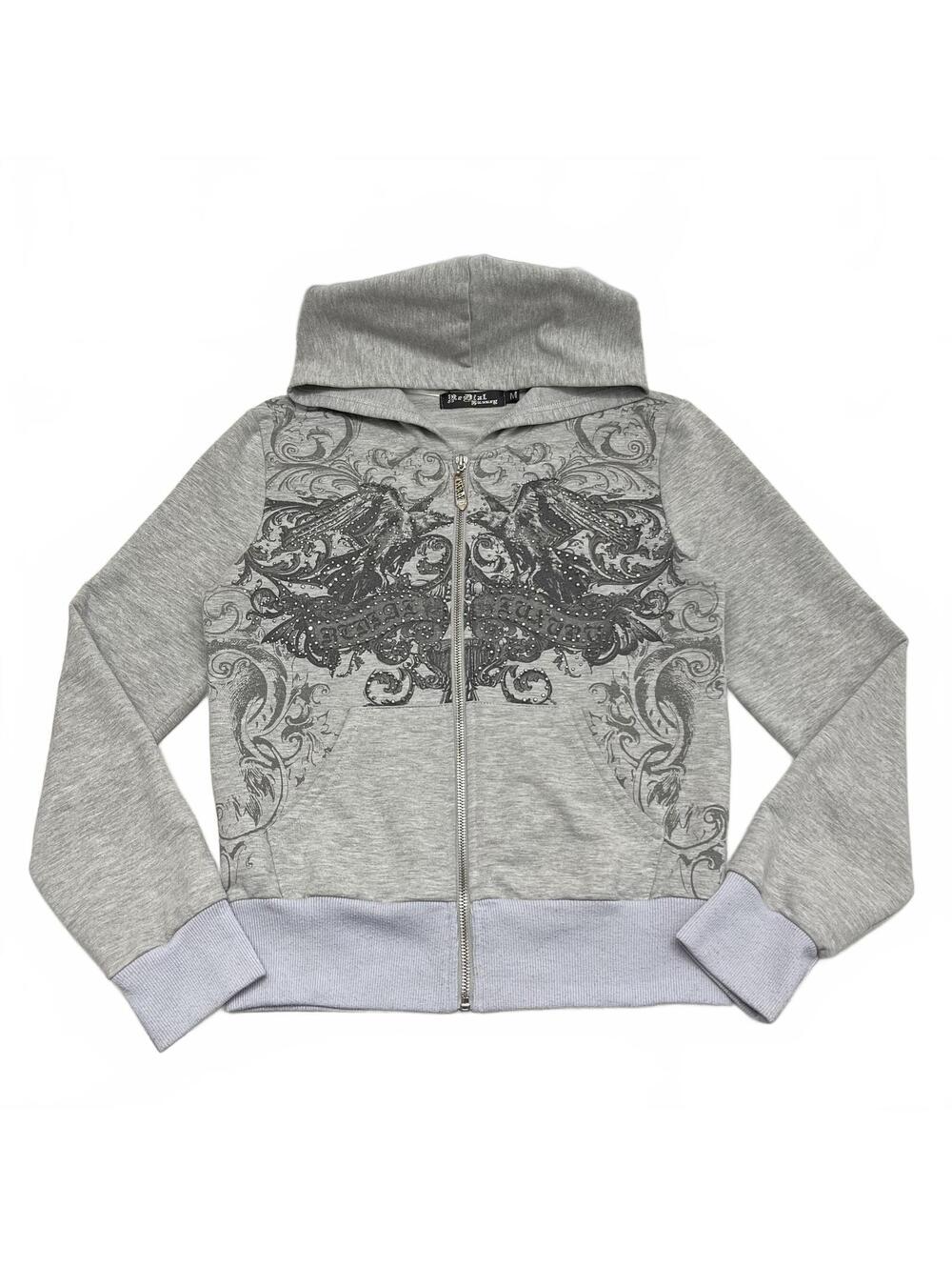 Y2K Redial Luxury Sz M Grey Gothic Print Bedazzled Zip Up Hoodie 2000s Grunge